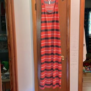 Coral, gray and white striped maxi dress.